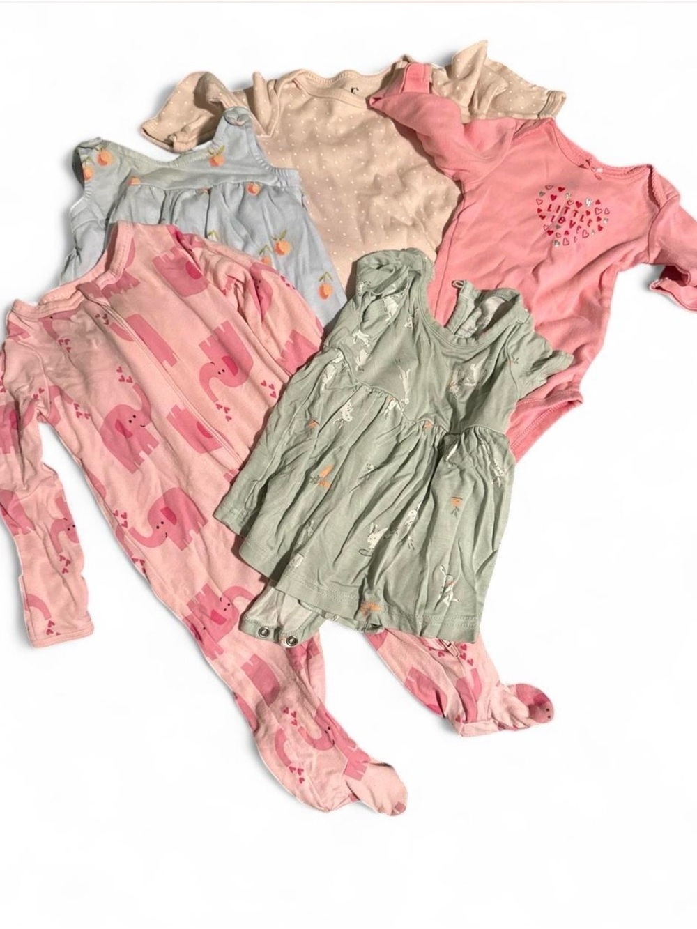 Baby Girls Mixed One-Piece and Footed Romper Set - Pink, Green, Light Blue